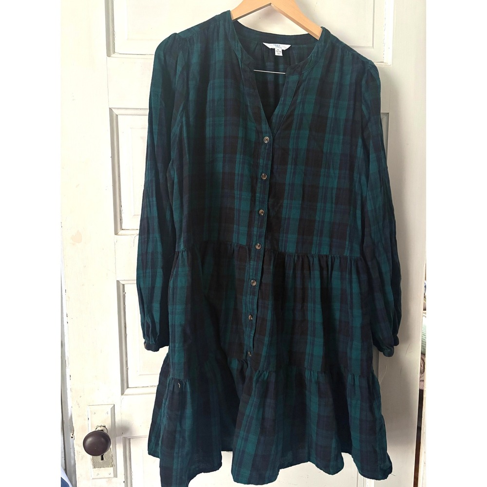 Time and Tru Green Black Plaid Tiered Mini Dress XL 16-18 Holiday Long Sleeve